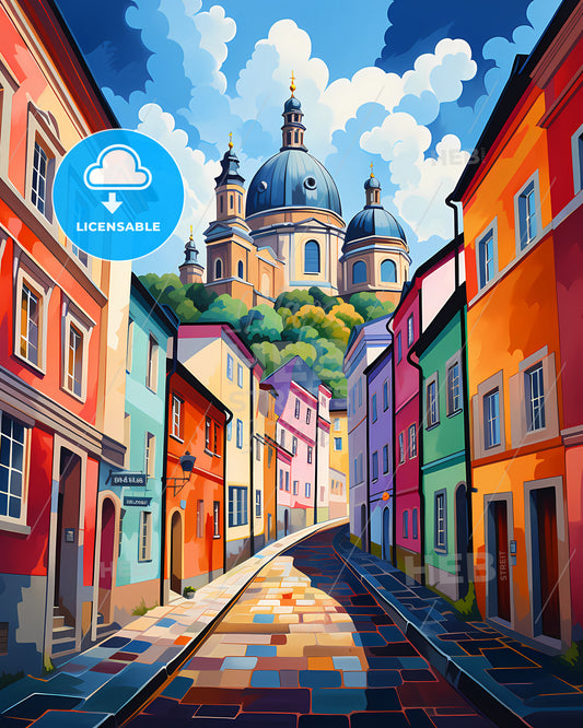 Salzburg, Austria - A Colorful City Street With A Building On Top