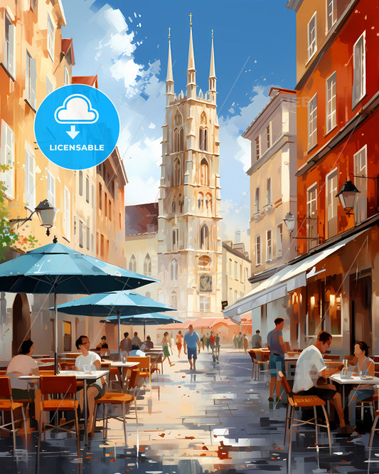 Dijon, France - A Street With Tables And Umbrellas And People Sitting At Tables
