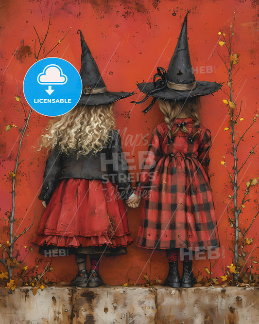 Kids Wearing Halloween Costumes - Two Girls Wearing Person Hats
