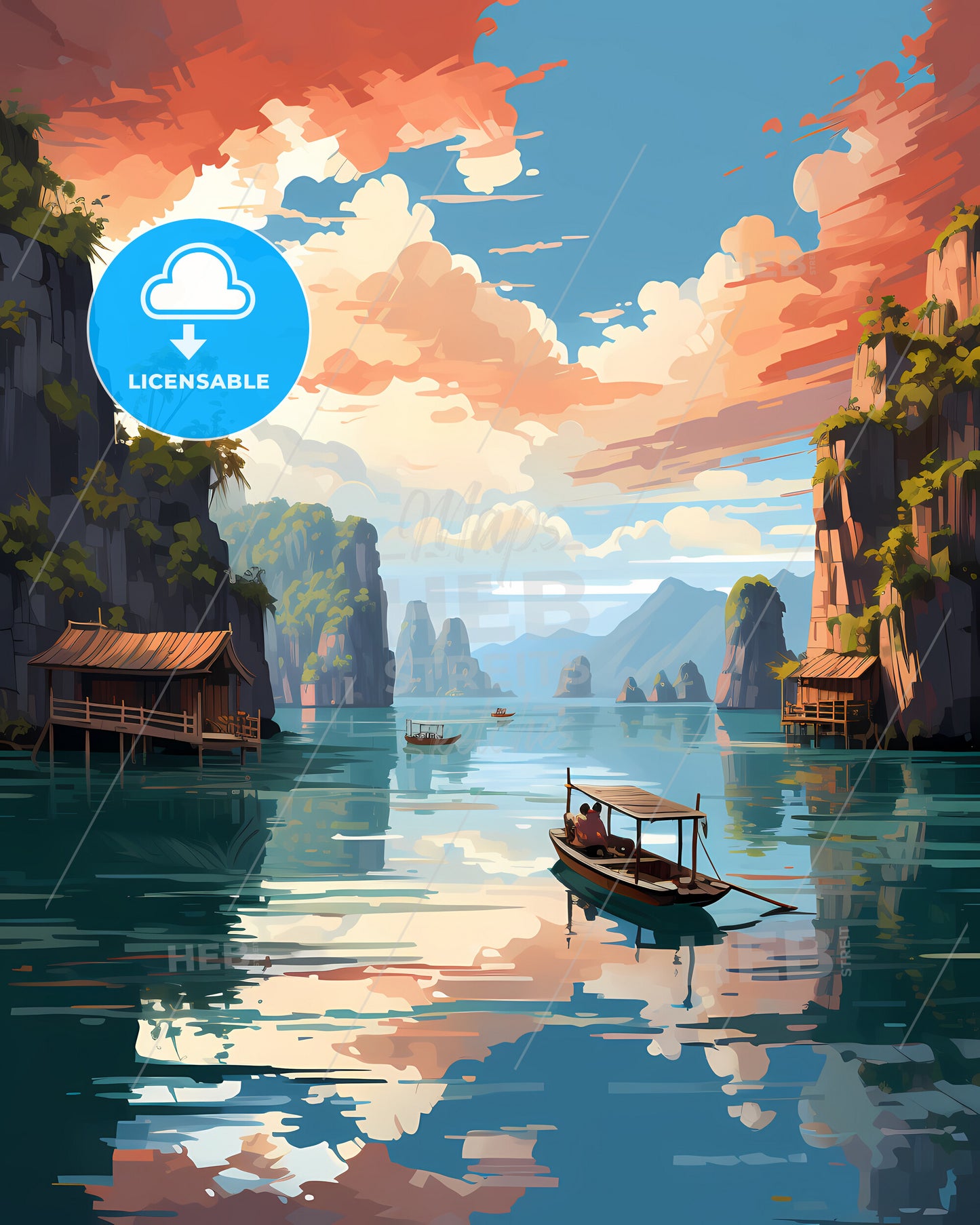 Palawan, Philippines - A Painting Of A Boat On A Body Of Water With A Cliff And Mountains