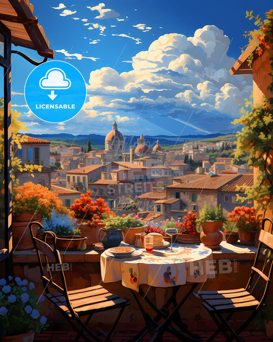 On The Roofs Of Rome, Italy - A Table With Chairs And Flowers On It