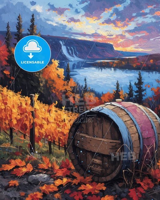 Finger Lakes, Usa - A Painting Of A Wine Barrel In A Vineyard