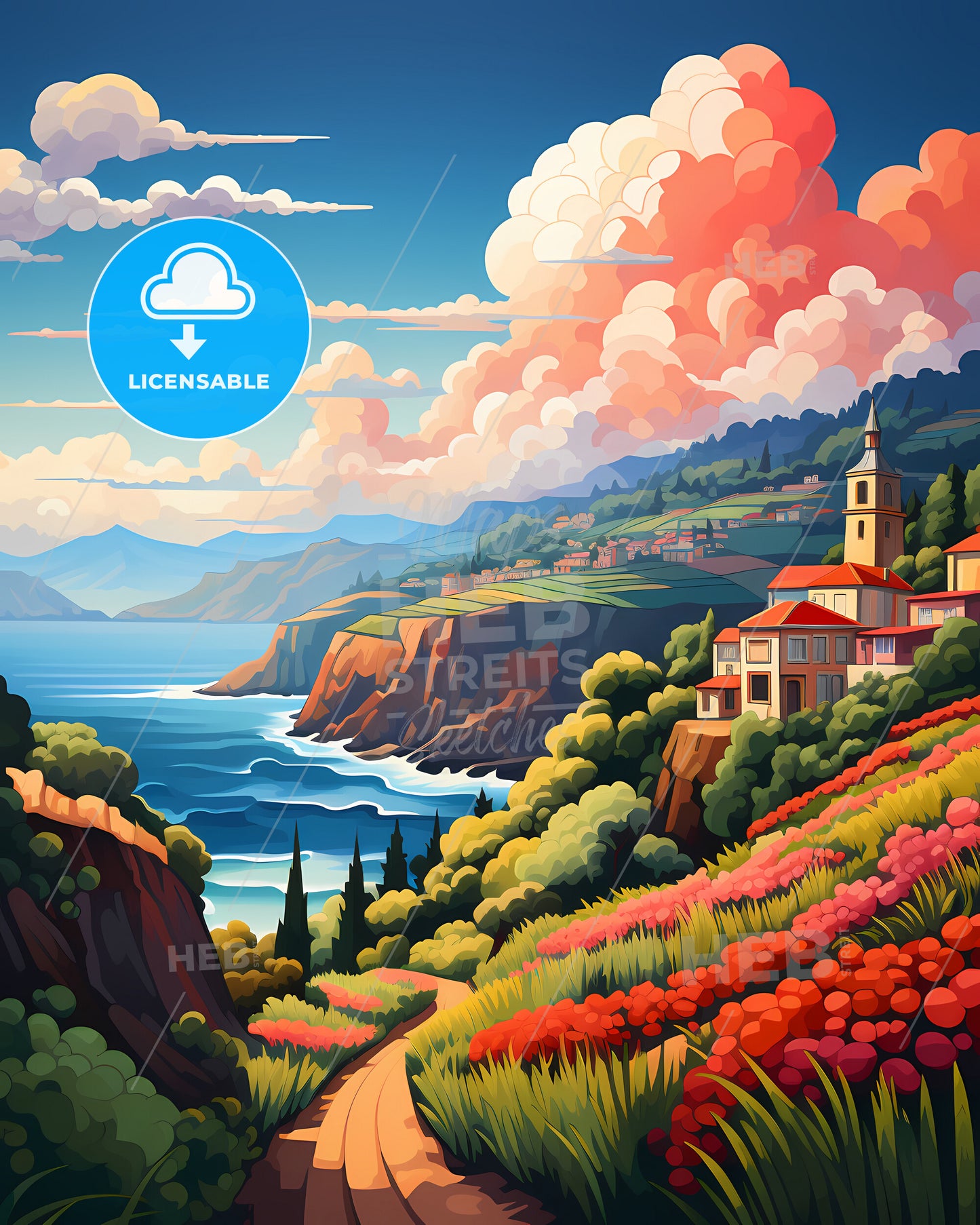 Madeira, Portugal - A Painting Of A Town On A Hillside With A Body Of Water And Mountains