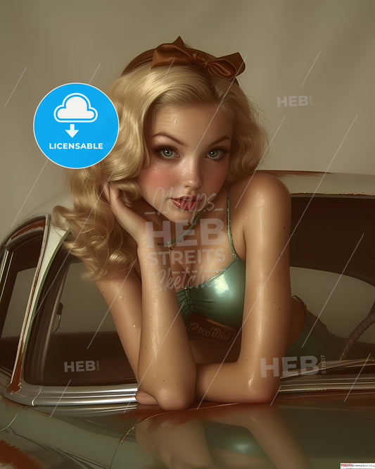 The Vintage Pin Up Girl Leaning On A Car - A Woman Posing In A Car