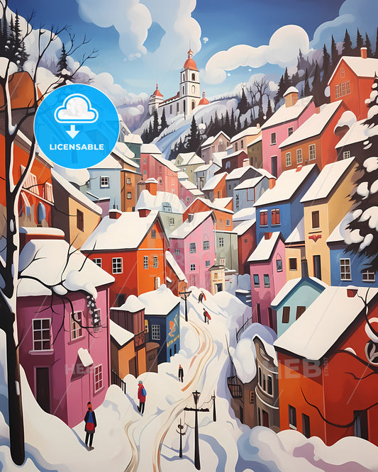Espoo, Finland - A Painting Of A Town With Snow On It
