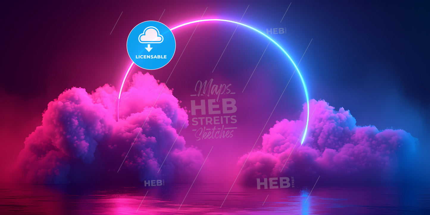 Abstract Neon Background With Illuminated Cloud And Round Geometric Arch - A Pink And Blue Neon Circle With Clouds And Water
