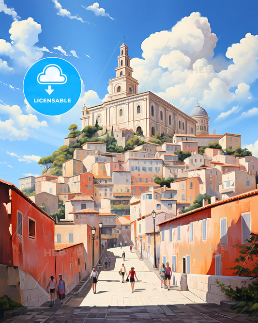 Nice, France - A Street With Buildings And A Large Building On Top