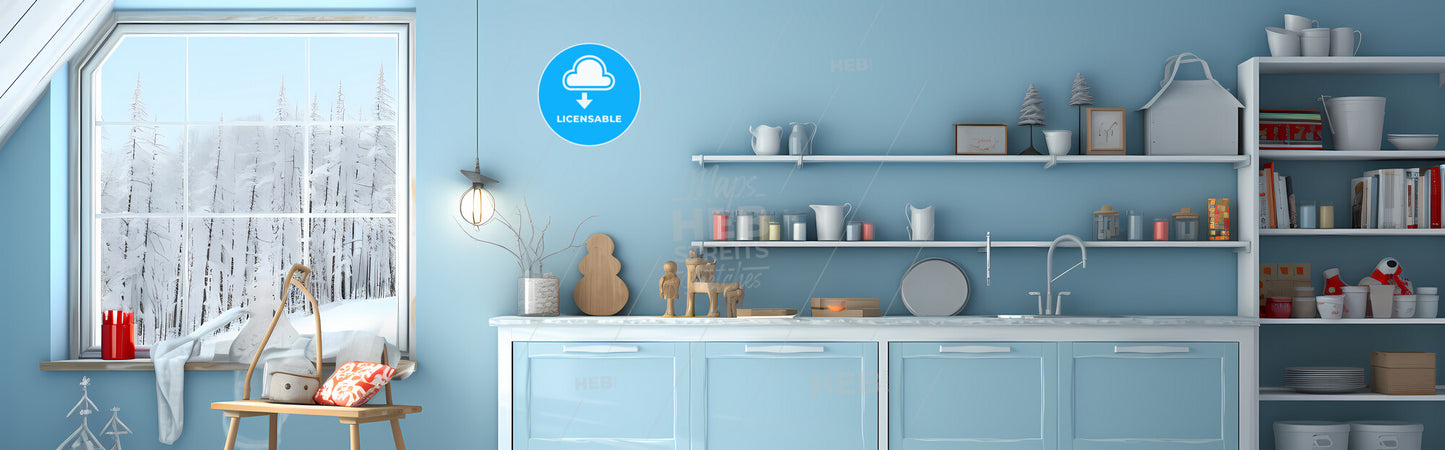 Outstanding Banner For Kitchen Wall Art - A Kitchen Counter With Shelves And Objects