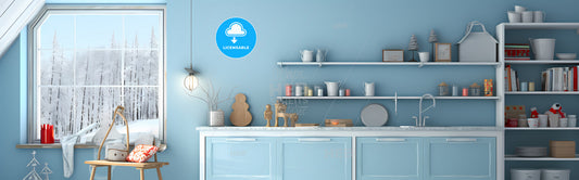 Outstanding Banner For Kitchen Wall Art - A Kitchen Counter With Shelves And Objects