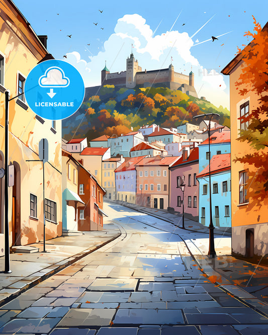 Brno, Czechia - A Street With Buildings And A Castle On The Hill