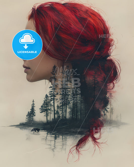 Being Delusional, Double Exposure - A Woman's Profile With Red Hair And Trees