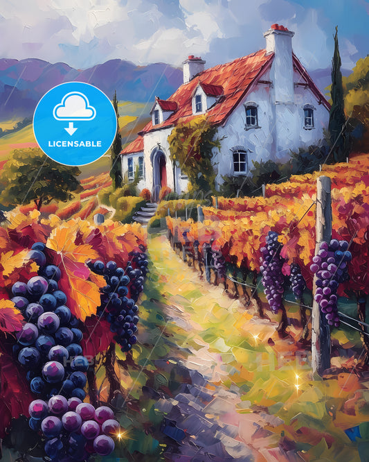 Martinborough, New Zealand - A Painting Of A House With Grapes In A Vineyard