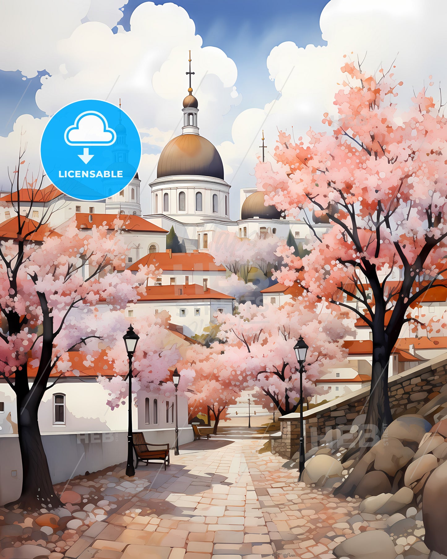 Villeurbanne, France - A Street With Trees And A Building With Domes