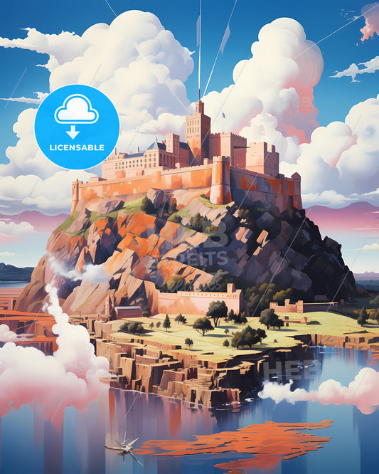 Saint-Étienne, France - A Castle On A Hill With Clouds And Water