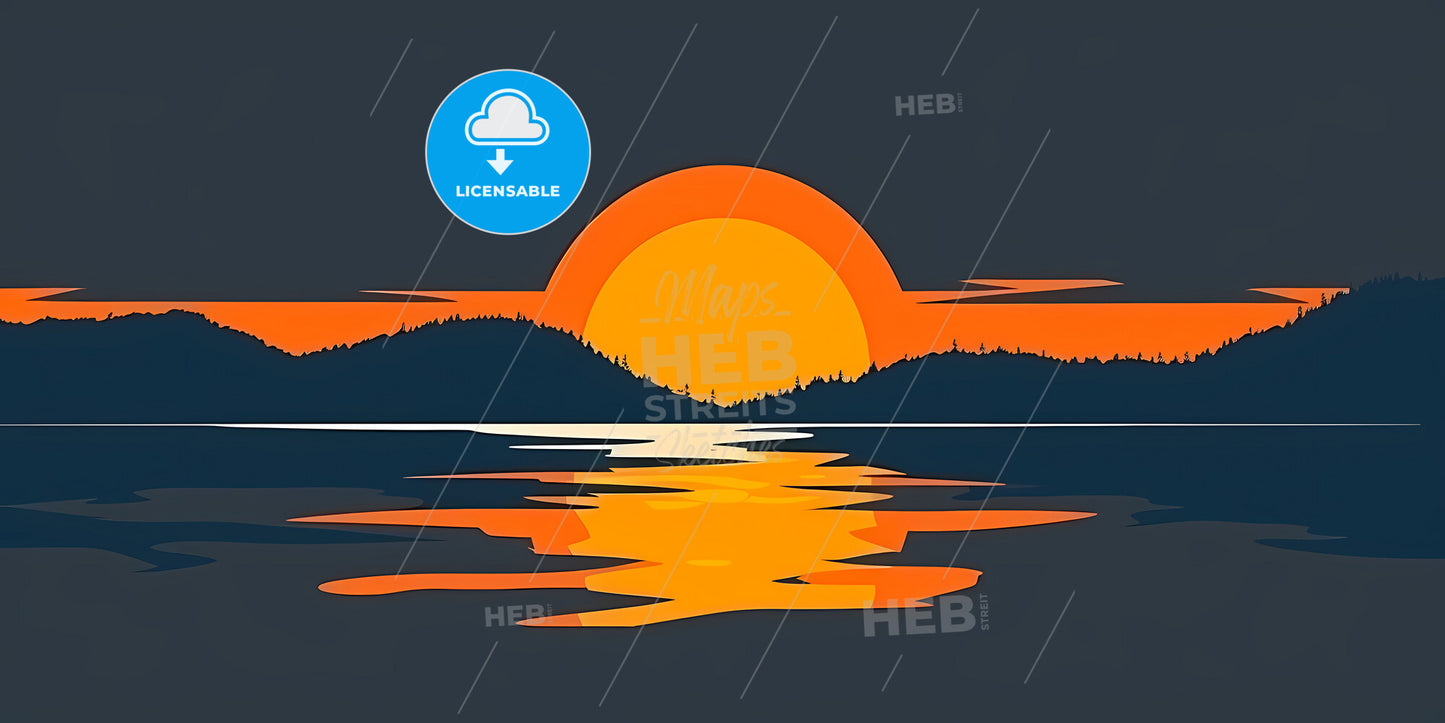 Abstract Minimalist Geometric Background Of Fantastic Sunset Landscape - A Sunset Over A Lake