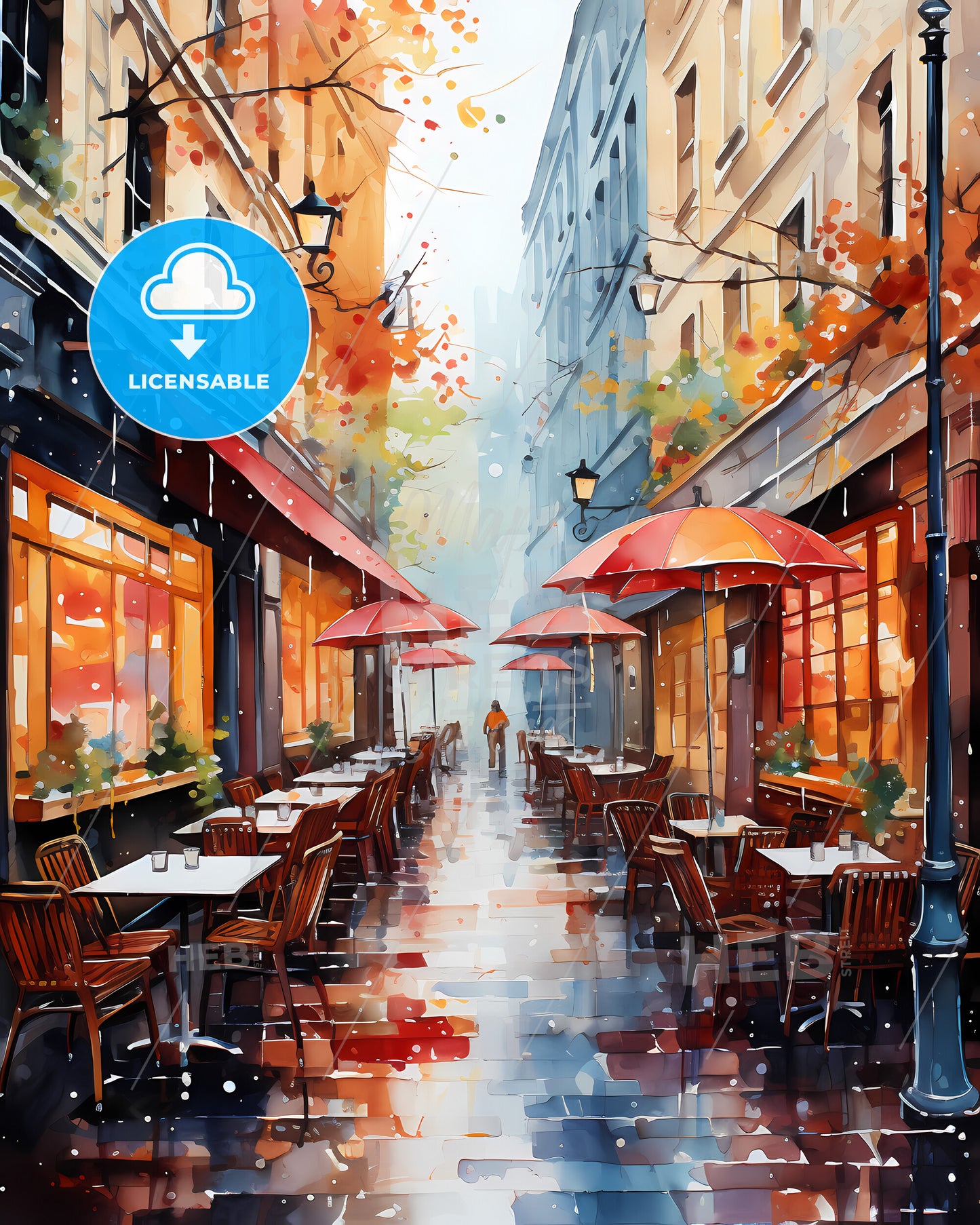 Dijon, France - A Watercolor Of A Street With Tables And Chairs And Umbrellas