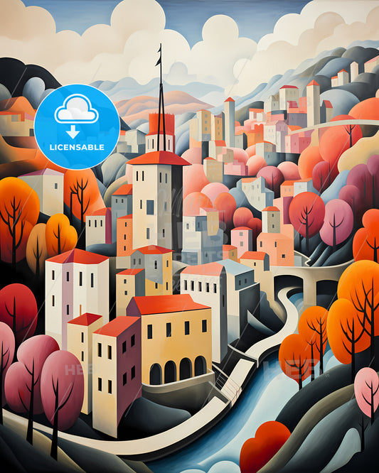 Tbilisi, Georgia - A Painting Of A Town With A River And Trees