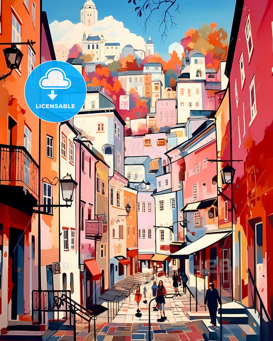 Salzburg, Austria - A Colorful City Street With People Walking