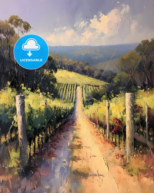 Hunter Valley, Australia - A Painting Of A Road With Rows Of Vines