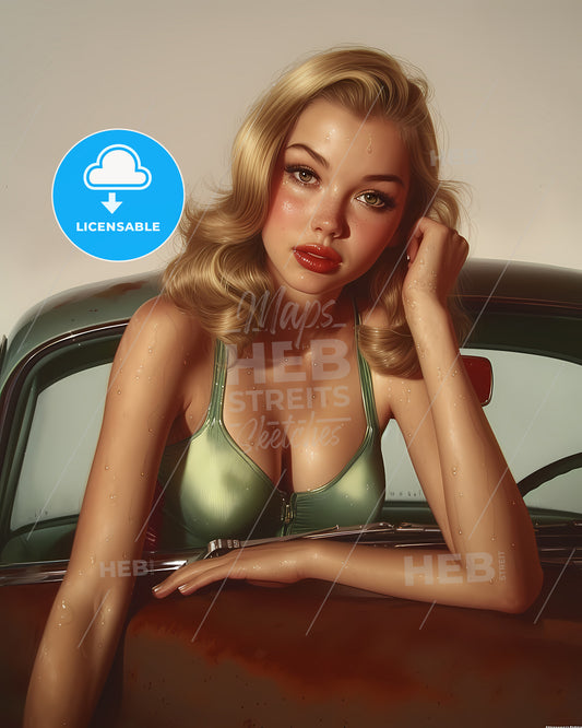 The Vintage Pin Up Girl Leaning On A Car - A Woman In A Green Swimsuit Leaning On A Car