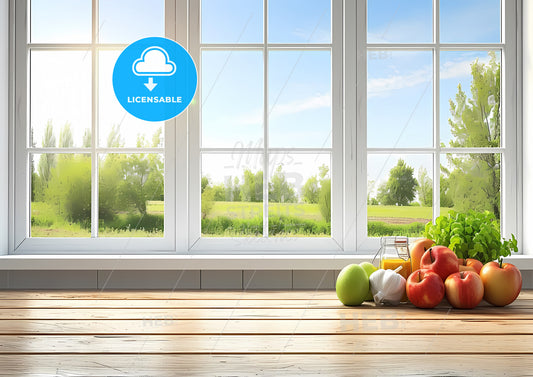 Wooden Table View In A Countryside Kitchen With The View On A Window And A Garden - A Group Of Fruits On A Table