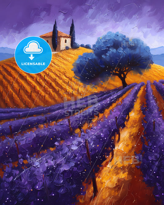 Priorat, Spain - A Painting Of A House And Fields Of Purple Flowers