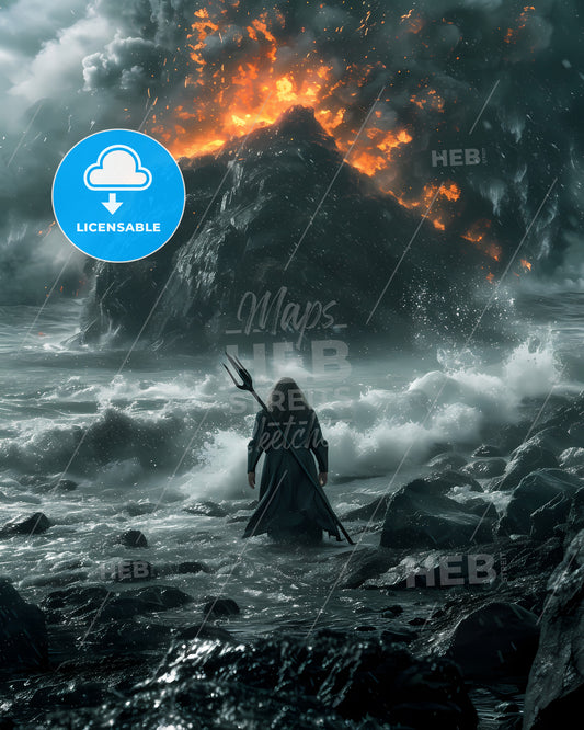 Movie Poster Moses Hoisting A Magic Staff Above His Head And Leading Many Israelites - A Person In Water With A Trident In Front Of A Volcano