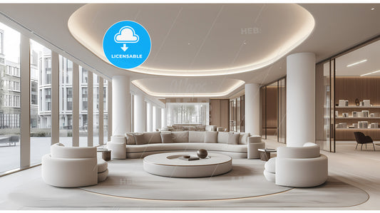 Inspiring Office Interior Design - A Large Room With A Round Table And White Couches