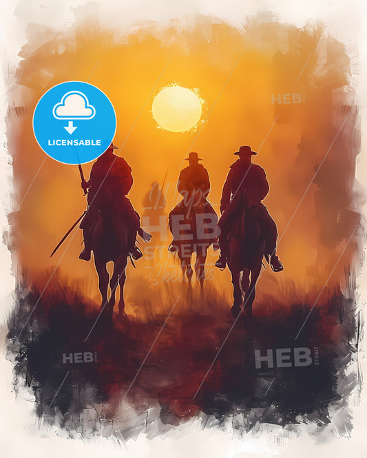 Watercolor Of The Contrast Between The Earthly Army Of The Syrians And The Heavenly Army Of God, On A White Background - A Group Of Men Riding Horses