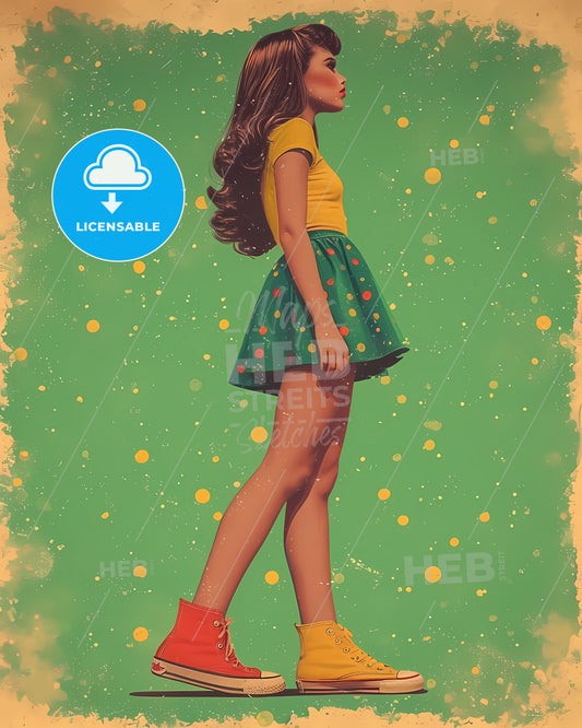 Side Profile, Illustrative, Large Outlines, Beautiful Pin Up Girl - A Woman In A Green Skirt And Yellow Boots