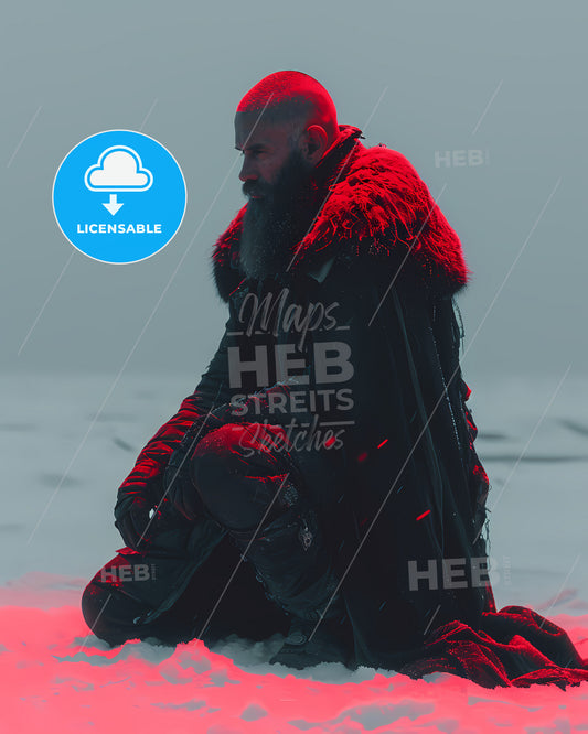 Trapped Underneath A Frozen Lake - A Man In A Black Coat With A Beard And A Red Light