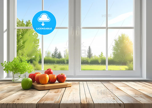 Wooden Table View In A Countryside Kitchen With The View On A Window And A Garden - A Table With Fruit On It