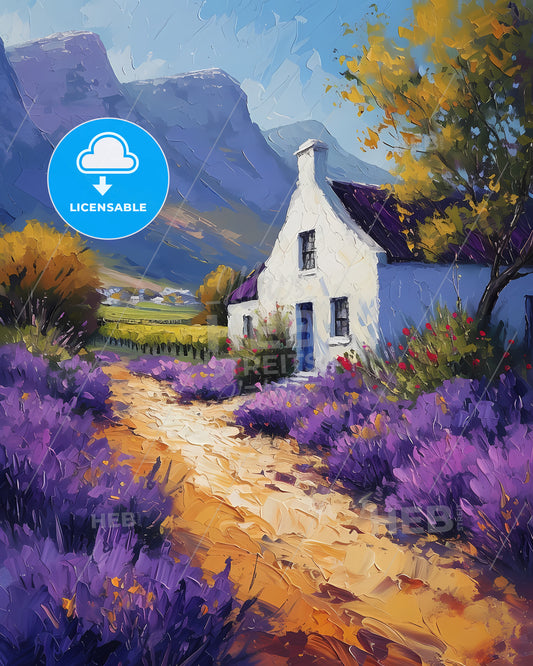 Stellenbosch, South Africa - A Painting Of A House With Purple Flowers