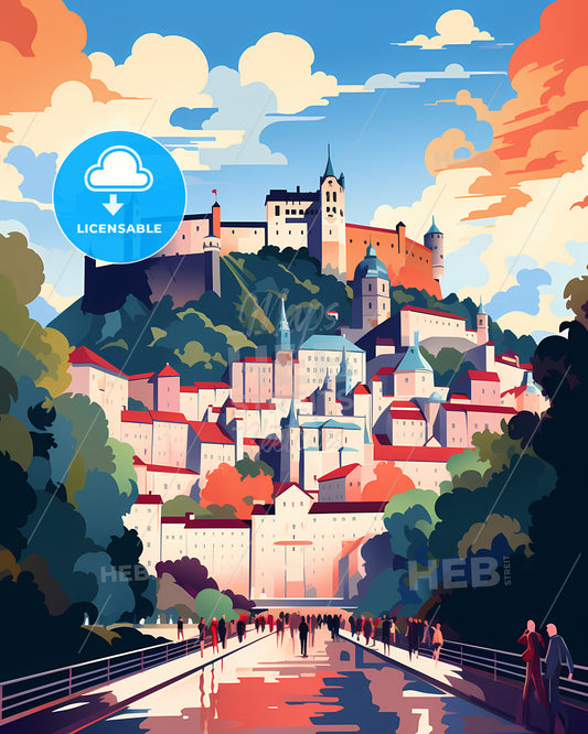 Salzburg, Austria - A Group Of People Walking On A Bridge Over A Castle Hill