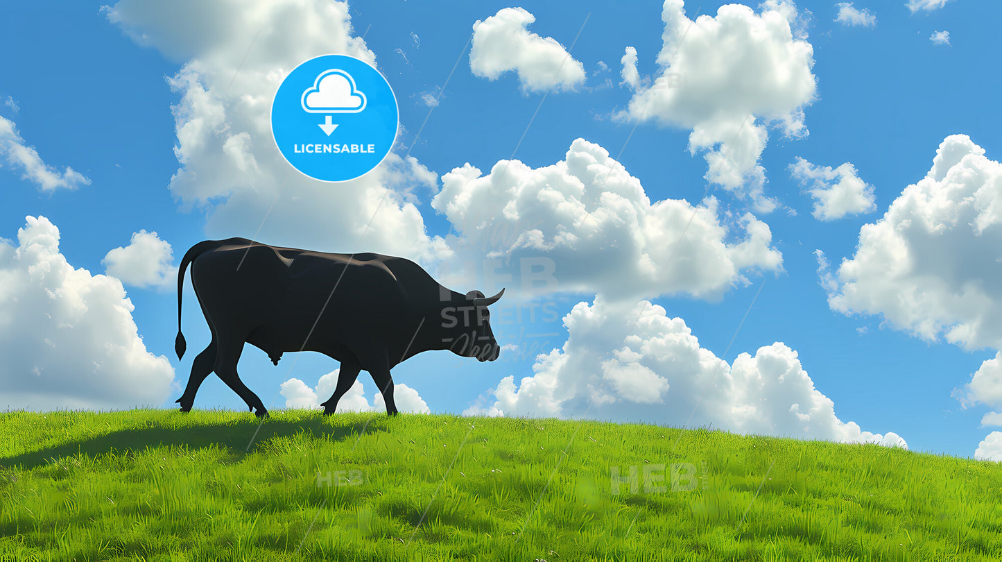 A Animal Runs On The Hill Side, In The Style Of Japanese Minimalism - A Black Cow Walking On A Grassy Hill