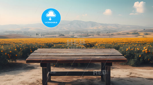 Blank Wooden Table Set Against A Backdrop Of Vibrant Orange Trees - A Table In Front Of A Field Of Flowers