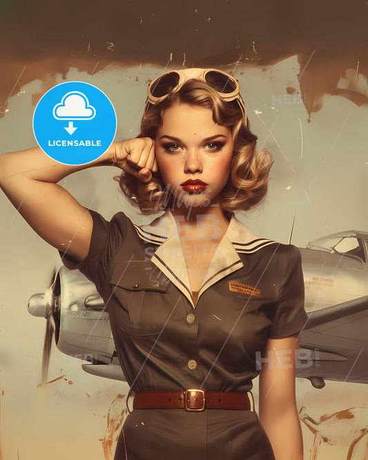 You Can Do It Woman, Vintage Artwork, Flexing Bicep, Wearing Flight Attendant Uniform, Making A Serious Face - A Woman In Uniform With Goggles On Her Head