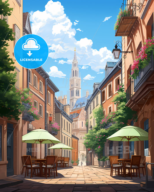 Dijon, France - A Street With Tables And Chairs And Umbrellas In A City