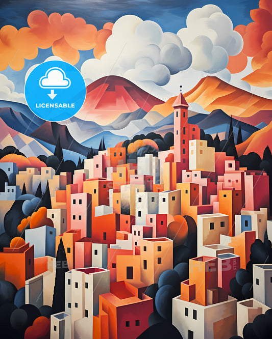 Tbilisi, Georgia - A Painting Of A City With Mountains And Clouds