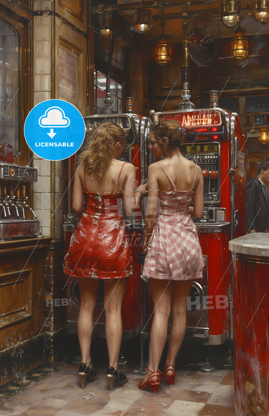 K-Pop - A Couple Of Women In Dresses Standing In Front Of A Machine