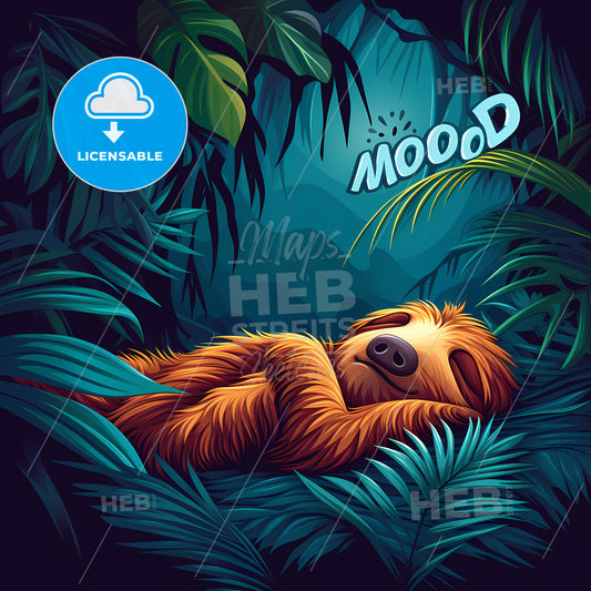 Kawaii Sleeping Sloth With Big Letters #Mood Vector Art - A Cartoon Of A Sloth Sleeping In The Jungle
