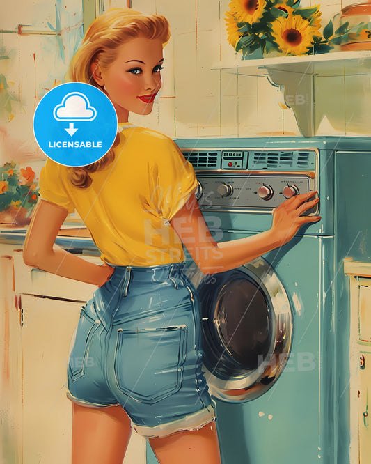 Pin Up Artwork For Detergent Ad - A Woman Standing Next To A Washing Machine