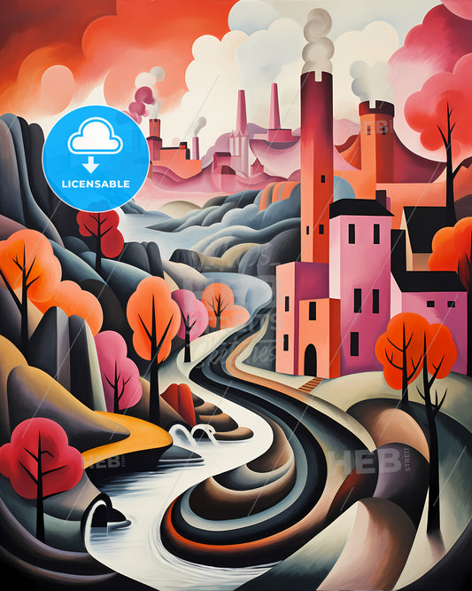 Saint-Étienne, France - A Painting Of A Town With Trees And A River