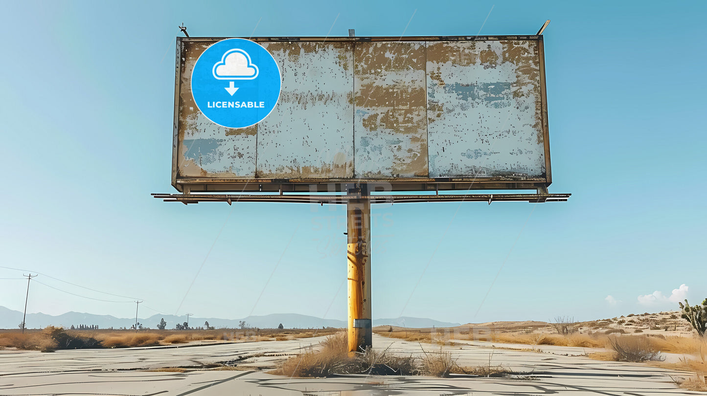 A Billboard Next To A High Desert Mountain Road, Daytime, In The Style Of An Illustration - A Large Billboard In A Desert