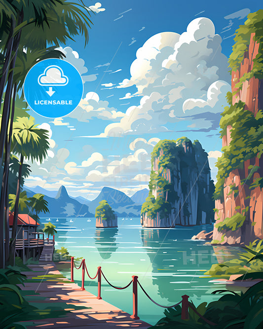 Palawan, Philippines - A Body Of Water With A Path And A Red Rope