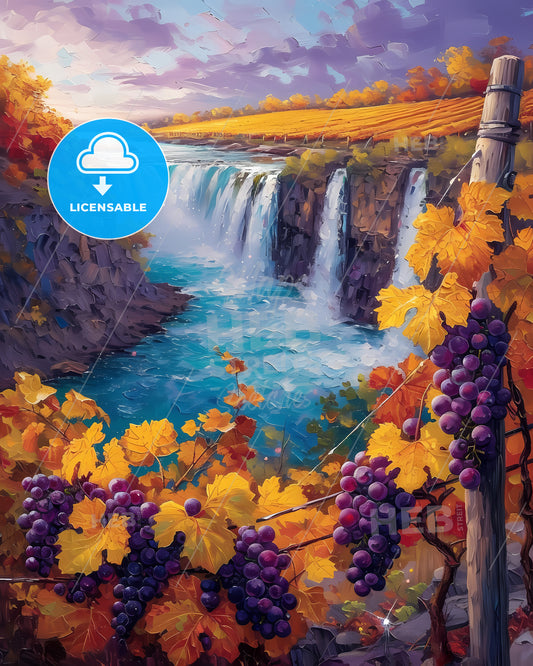 Finger Lakes, Usa - A Painting Of A Waterfall And Grapes