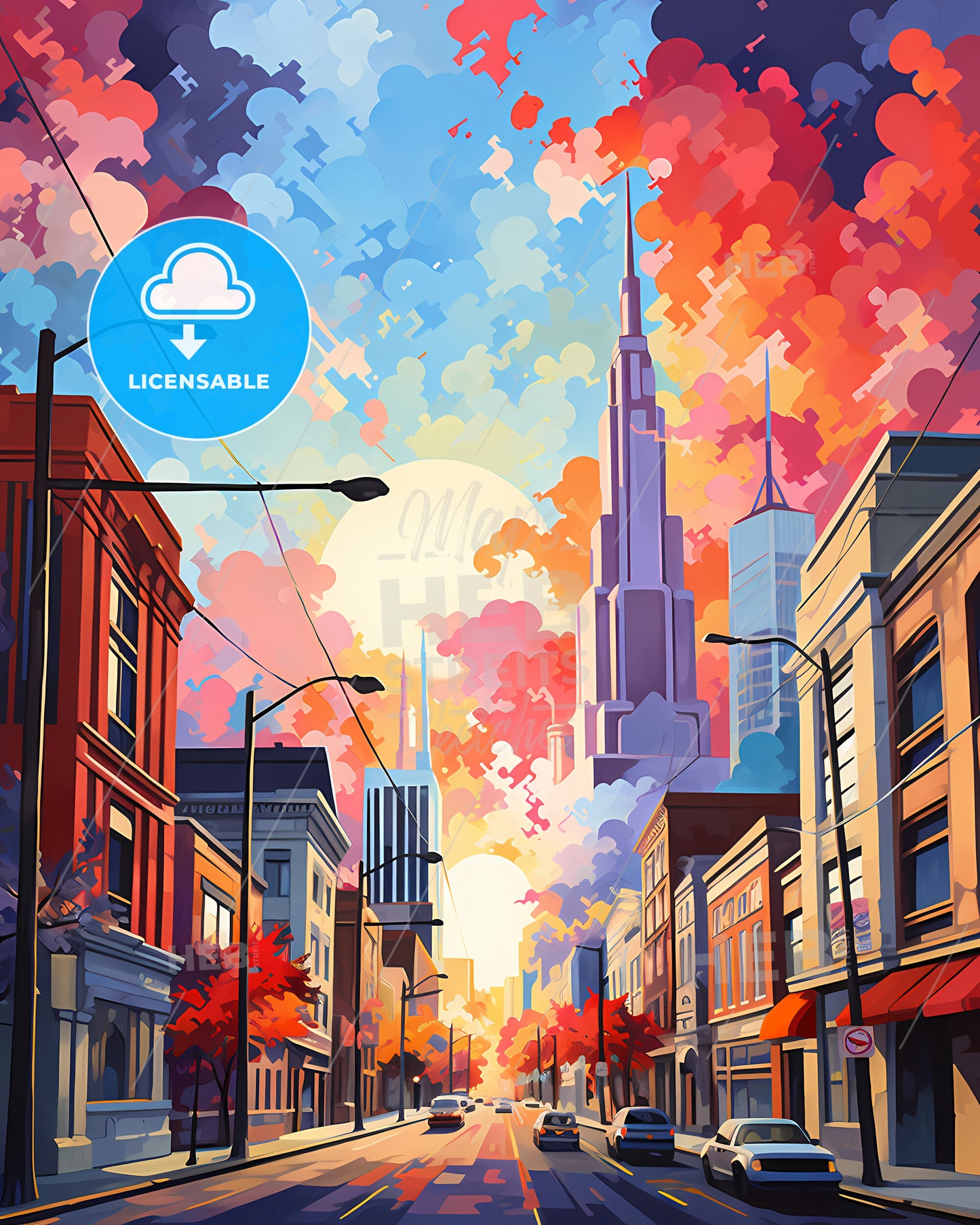 Chicago - A Street With Buildings And A Colorful Sky