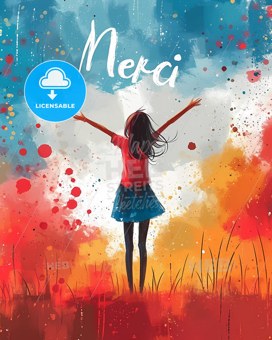 Merci Hand Written - A Girl Standing In A Field With Her Arms Up