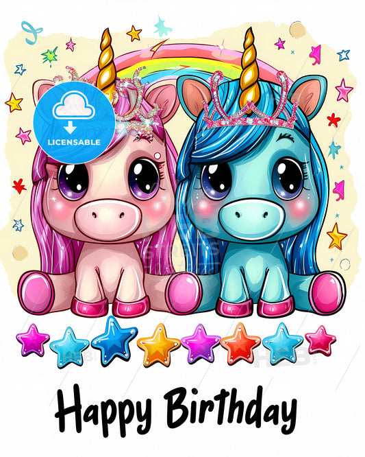 With The Text Happy Birthday In Whimsical Script Font - A Couple Of Unicorns With A Rainbow And Stars