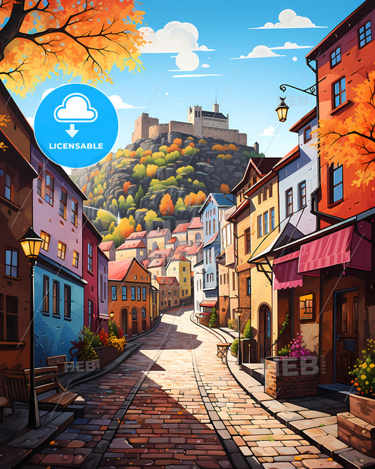 Brno, Czechia - A Street With Buildings And A Castle In The Background